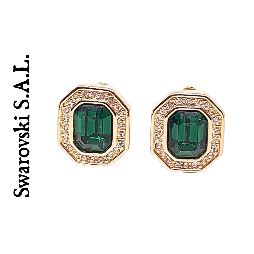 Swarovski Green Crystsl and Gold Art Deco Octagonal Earrings. Rare Find!!